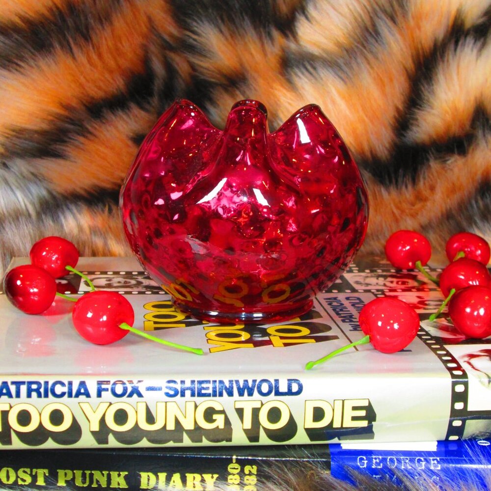 Pink Cranberry Art Glass Dot Optic Fenton Style Ruffled Bowl